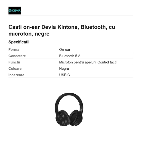 Casti on-ear Devia Kintone, Bluetooth, cu microfon, negre [2]