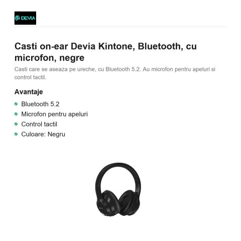 Casti on-ear Devia Kintone, Bluetooth, cu microfon, negre [1]