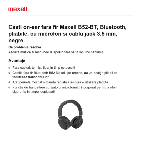 Casti on-ear fara fir Maxell B52-BT, Bluetooth, pliabile, cu microfon si cablu jack 3.5 mm, negre [1]