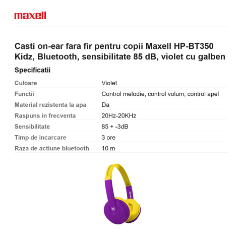 Casti on-ear fara fir pentru copii Maxell HP-BT350 Kidz, Bluetooth, sensibilitate 85 dB, violet cu galben [2]