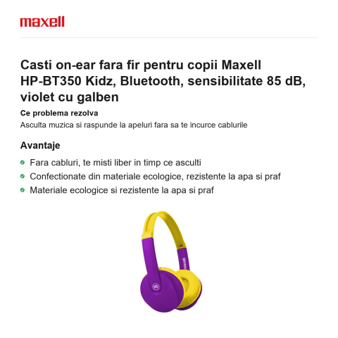 Casti on-ear fara fir pentru copii Maxell HP-BT350 Kidz, Bluetooth, sensibilitate 85 dB, violet cu galben [1]