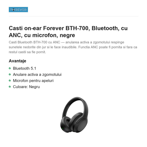 Casti on-ear Forever BTH-700, Bluetooth, cu ANC, cu microfon, negre [1]