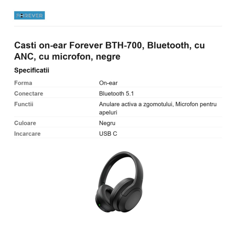 Casti on-ear Forever BTH-700, Bluetooth, cu ANC, cu microfon, negre [2]