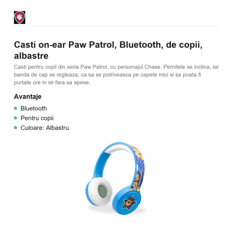 Casti on-ear Paw Patrol, Bluetooth, de copii, albastre [1]