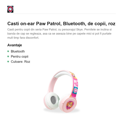 Casti on-ear Paw Patrol, Bluetooth, de copii, roz [1]