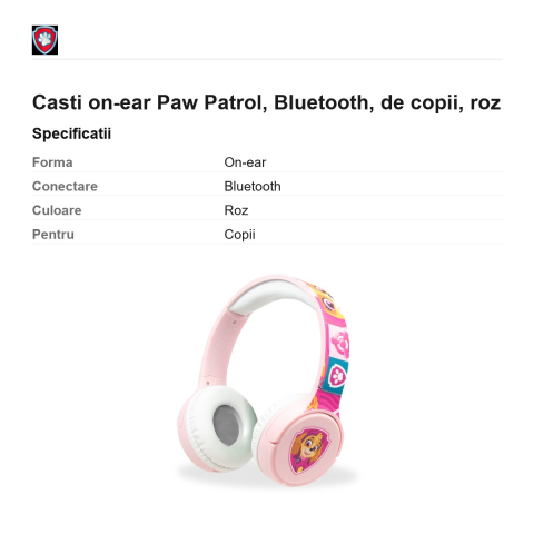 Casti on-ear Paw Patrol, Bluetooth, de copii, roz [2]
