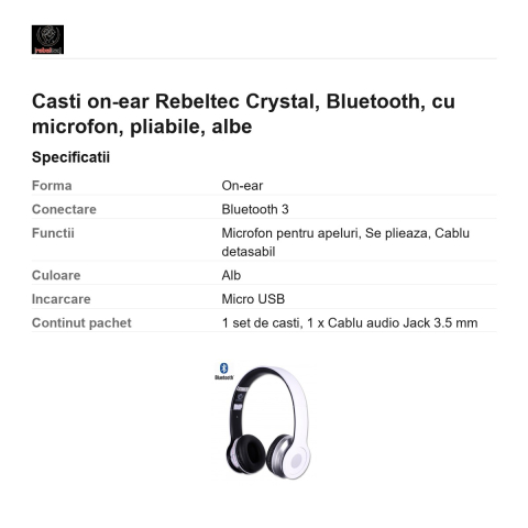 Casti on-ear Rebeltec Crystal, Bluetooth, cu microfon, pliabile, albe [2]