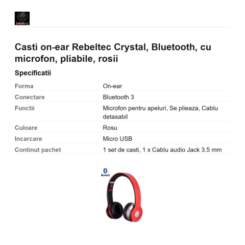 Casti on-ear Rebeltec Crystal, Bluetooth, cu microfon, pliabile, rosii [2]