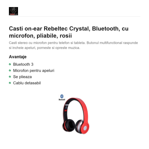 Casti on-ear Rebeltec Crystal, Bluetooth, cu microfon, pliabile, rosii [1]