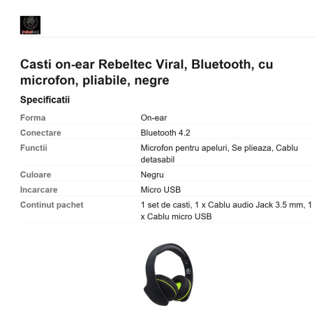 Casti on-ear Rebeltec Viral, Bluetooth, cu microfon, pliabile, negre [2]
