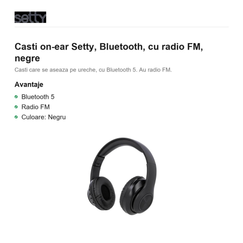 Casti on-ear Setty, Bluetooth, cu radio FM, negre [1]