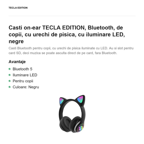 Casti on-ear TECLA EDITION, Bluetooth, de copii, cu urechi de pisica, cu iluminare LED, negre [1]