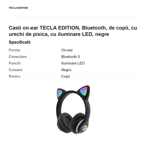 Casti on-ear TECLA EDITION, Bluetooth, de copii, cu urechi de pisica, cu iluminare LED, negre [2]