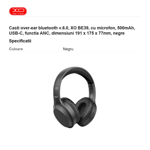 Casti over-ear bluetooth v.6.0, XO BE39, cu microfon, 500mAh, USB-C, functia ANC, dimensiuni 191 x 175 x 77mm, negre [2]