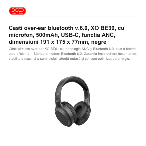 Casti over-ear bluetooth v.6.0, XO BE39, cu microfon, 500mAh, USB-C, functia ANC, dimensiuni 191 x 175 x 77mm, negre [1]
