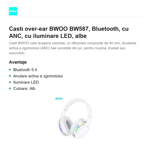 Casti over-ear BWOO BW587, Bluetooth, cu ANC, cu iluminare LED, albe [1]