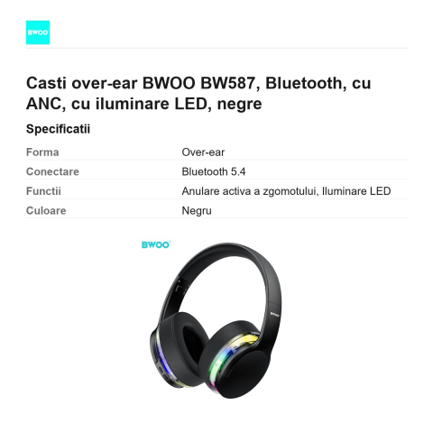 Casti over-ear BWOO BW587, Bluetooth, cu ANC, cu iluminare LED, negre [2]