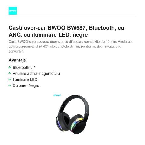 Casti over-ear BWOO BW587, Bluetooth, cu ANC, cu iluminare LED, negre [1]
