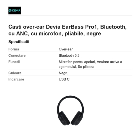 Casti over-ear Devia EarBass Pro1, Bluetooth, cu ANC, cu microfon, pliabile, negre [2]