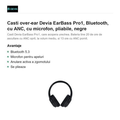 Casti over-ear Devia EarBass Pro1, Bluetooth, cu ANC, cu microfon, pliabile, negre [1]