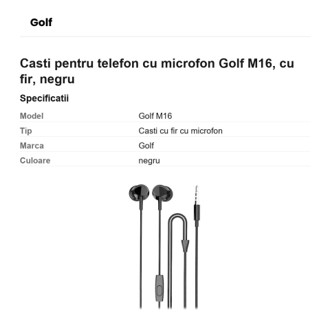 Casti pentru telefon cu microfon Golf M16, cu fir, negru [2]