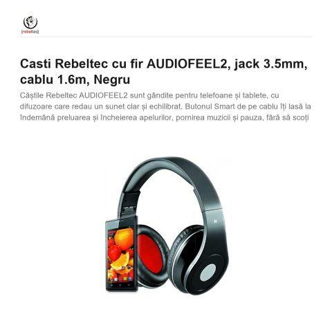 Casti Rebeltec cu fir AUDIOFEEL2, jack 3.5mm, cablu 1.6m, Negru [1]
