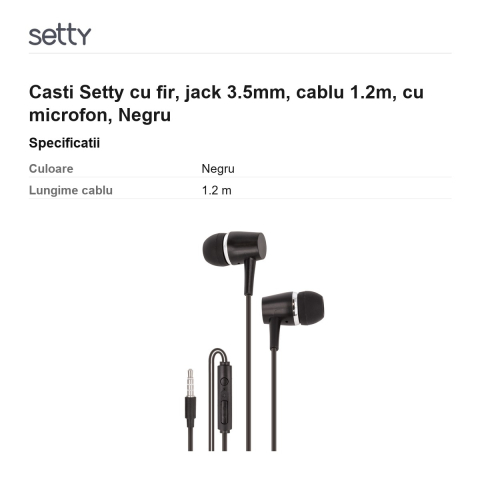 Casti Setty cu fir, jack 3.5mm, cablu 1.2m, cu microfon, Negru [2]