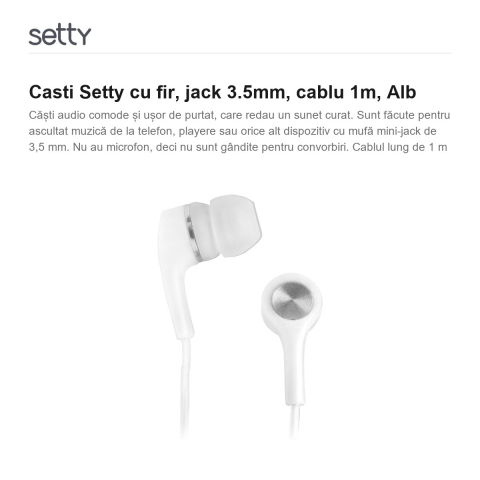 Casti Setty cu fir, jack 3.5mm, cablu 1m, Alb [1]