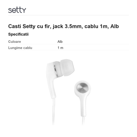 Casti Setty cu fir, jack 3.5mm, cablu 1m, Alb [2]