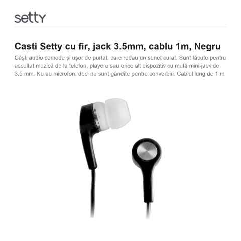 Casti Setty cu fir, jack 3.5mm, cablu 1m, Negru [1]