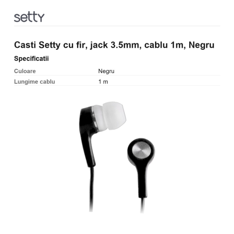 Casti Setty cu fir, jack 3.5mm, cablu 1m, Negru [2]