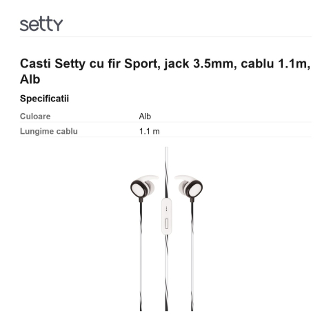 Casti Setty cu fir Sport, jack 3.5mm, cablu 1.1m, Alb [2]