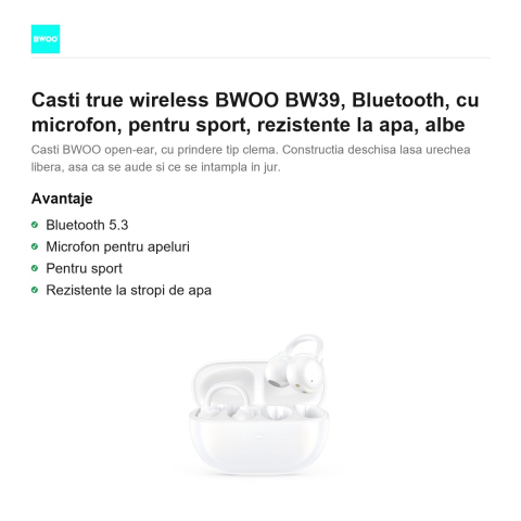 Casti true wireless BWOO BW39, Bluetooth, cu microfon, pentru sport, rezistente la apa, albe [1]