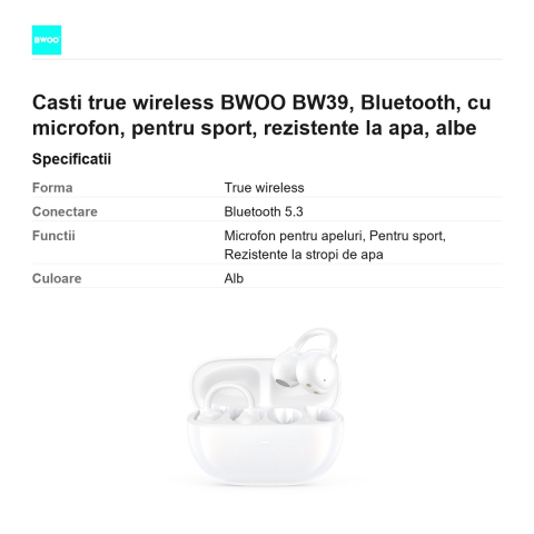 Casti true wireless BWOO BW39, Bluetooth, cu microfon, pentru sport, rezistente la apa, albe [2]