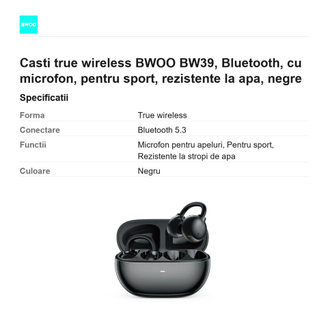 Casti true wireless BWOO BW39, Bluetooth, cu microfon, pentru sport, rezistente la apa, negre [2]