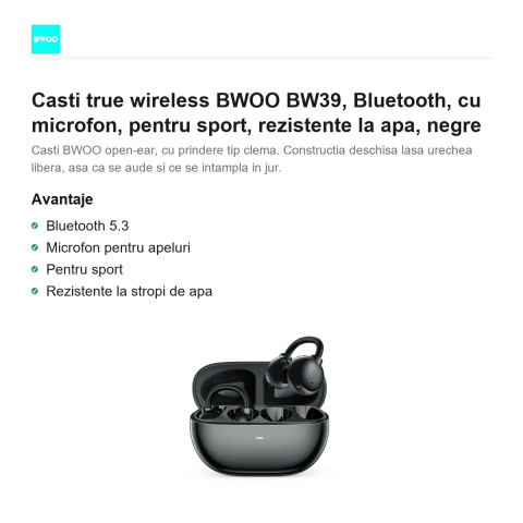 Casti true wireless BWOO BW39, Bluetooth, cu microfon, pentru sport, rezistente la apa, negre [1]