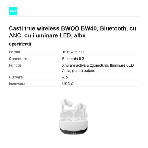 Casti true wireless BWOO BW40, Bluetooth, cu ANC, cu iluminare LED, albe [2]