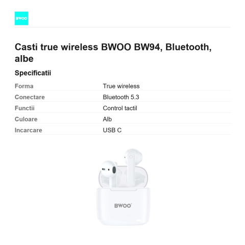Casti true wireless BWOO BW94, Bluetooth, albe [2]