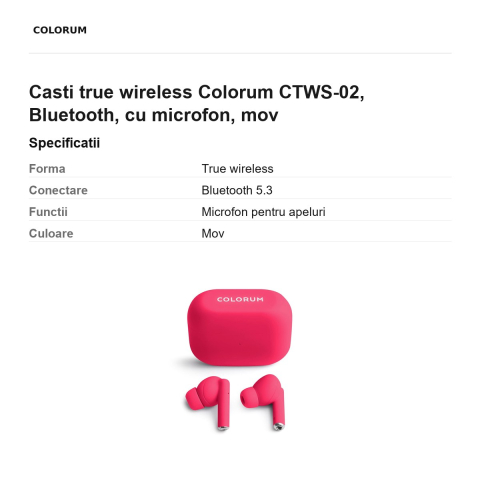 Casti true wireless Colorum CTWS-02, Bluetooth, cu microfon, mov [2]
