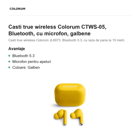 Casti true wireless Colorum CTWS-05, Bluetooth, cu microfon, galbene [1]