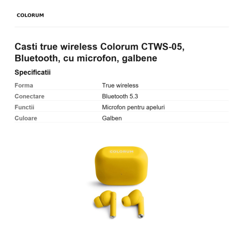Casti true wireless Colorum CTWS-05, Bluetooth, cu microfon, galbene [2]