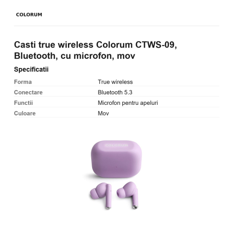Casti true wireless Colorum CTWS-09, Bluetooth, cu microfon, mov [2]