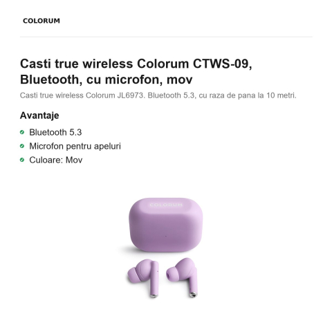 Casti true wireless Colorum CTWS-09, Bluetooth, cu microfon, mov [1]
