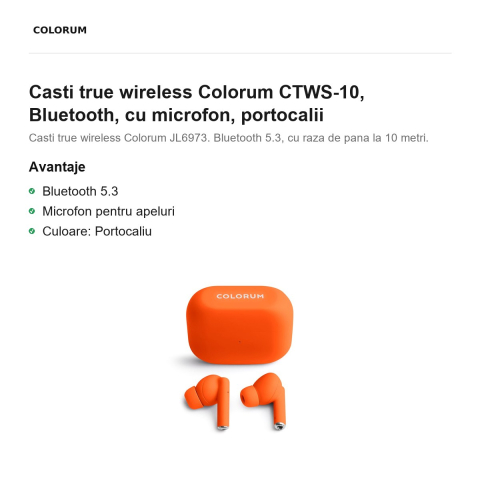 Casti true wireless Colorum CTWS-10, Bluetooth, cu microfon, portocalii [1]