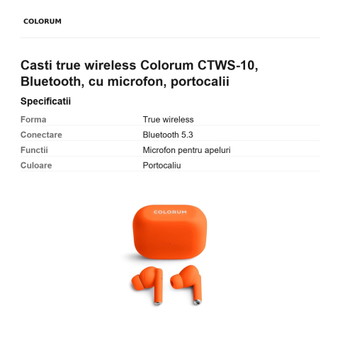 Casti true wireless Colorum CTWS-10, Bluetooth, cu microfon, portocalii [2]