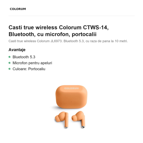 Casti true wireless Colorum CTWS-14, Bluetooth, cu microfon, portocalii [1]