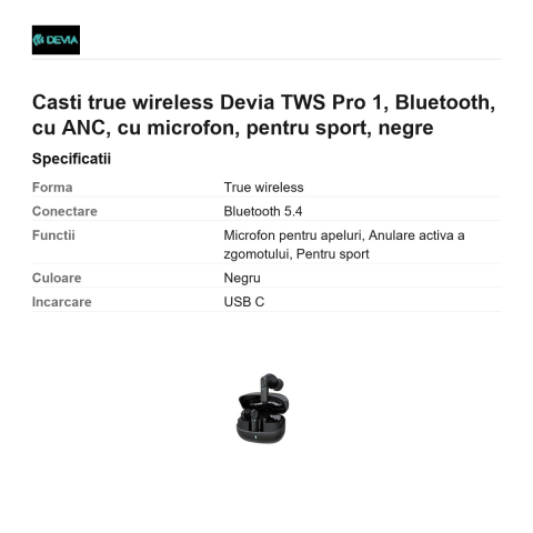 Casti true wireless Devia TWS Pro 1, Bluetooth, cu ANC, cu microfon, pentru sport, negre [2]