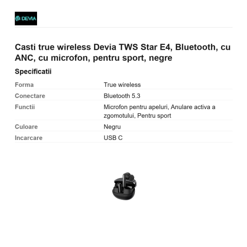 Casti true wireless Devia TWS Star E4, Bluetooth, cu ANC, cu microfon, pentru sport, negre [2]