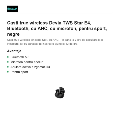 Casti true wireless Devia TWS Star E4, Bluetooth, cu ANC, cu microfon, pentru sport, negre [1]