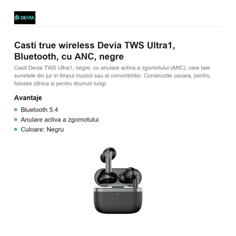 Casti true wireless Devia TWS Ultra1, Bluetooth, cu ANC, negre [1]